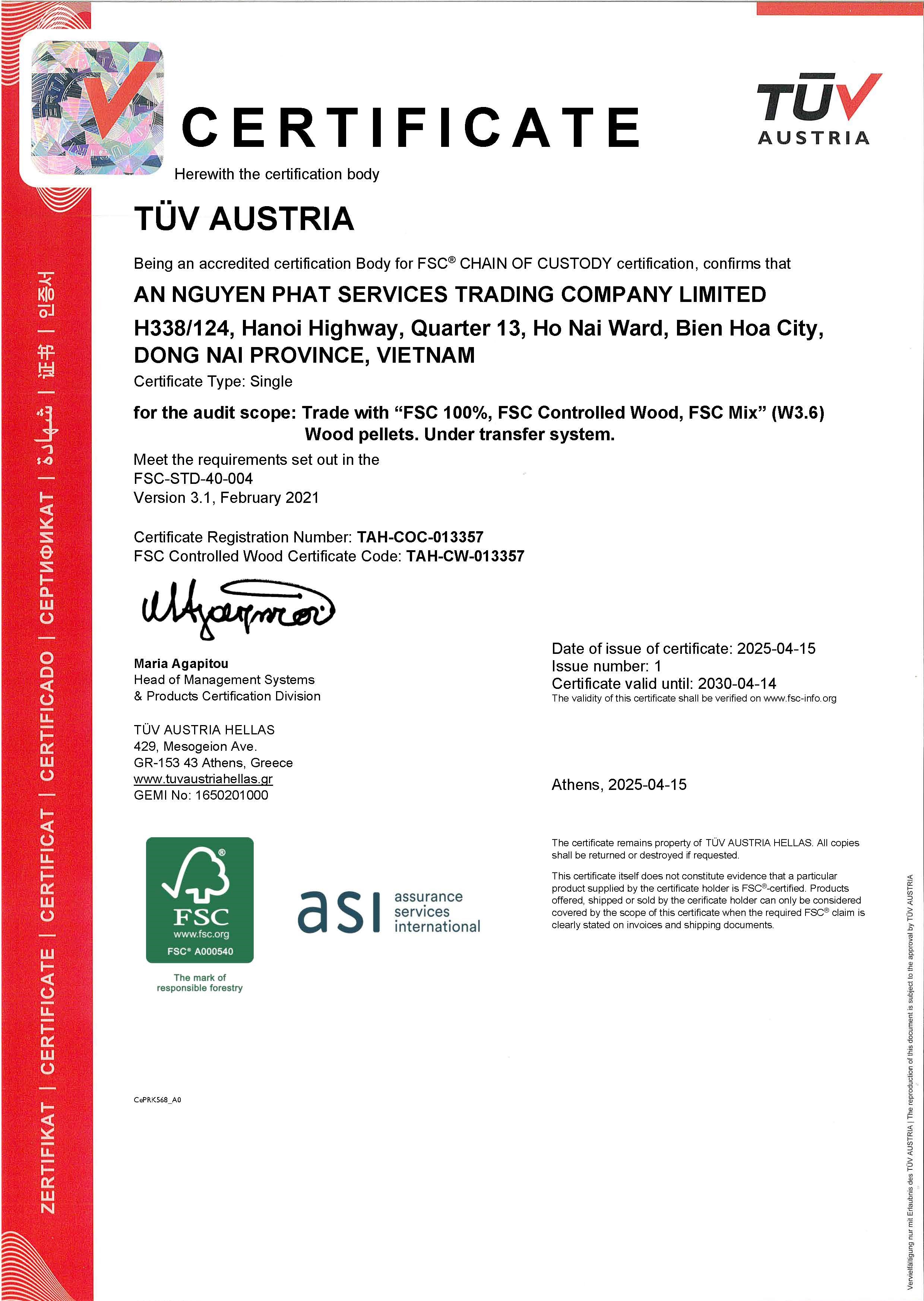 Chứng nhận - Viên Nén Gỗ, Viên Nén Trấu, Bã Điều An Nguyên Phát - Công Ty TNHH TM DV SX An Nguyên Phát