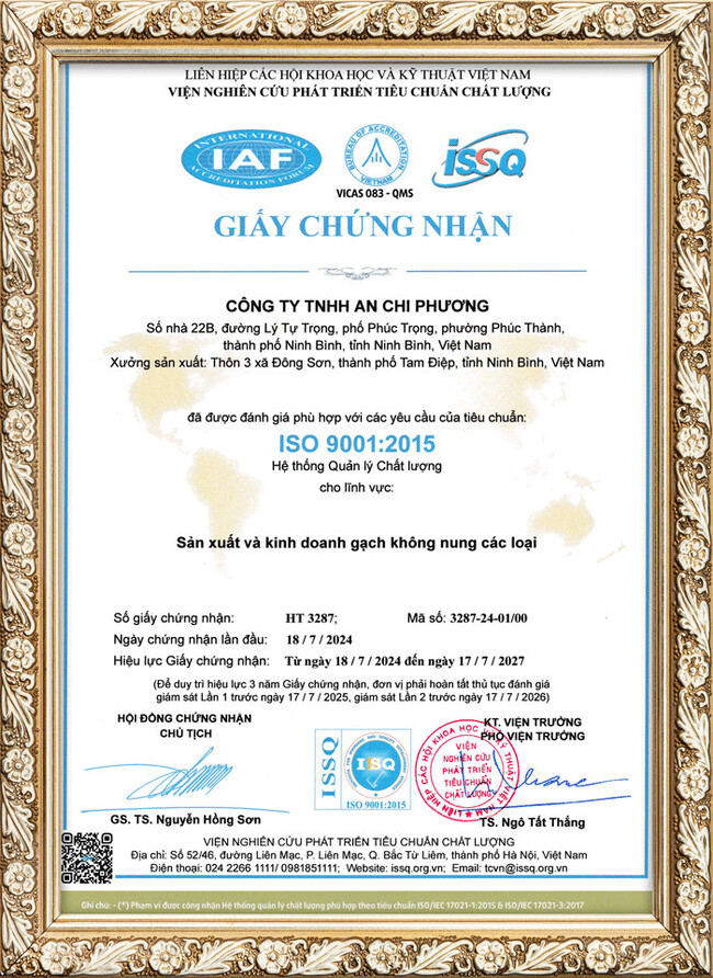 Giấy chứng nhận iso: 9001-2015 - Gạch Tràng An -  Công Ty TNHH An Chi Phương