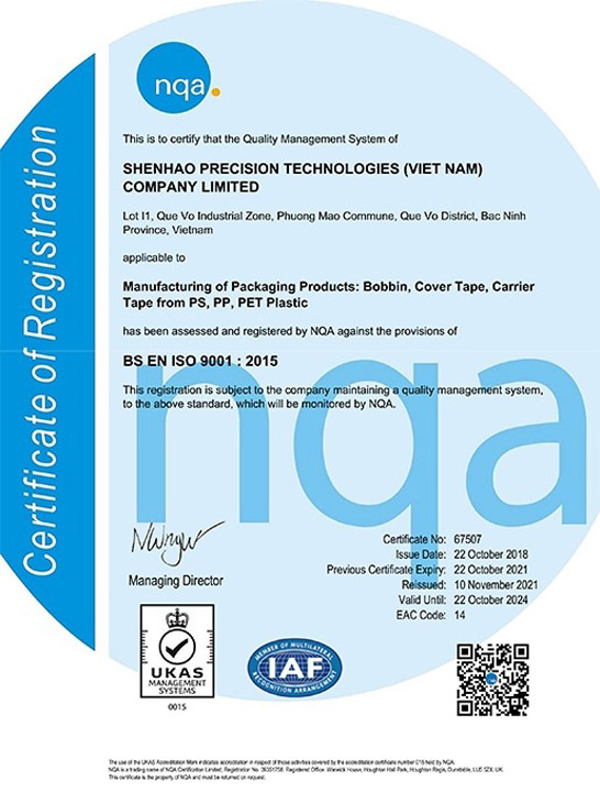 ISO 9001:2015 - Bao Bì Nhựa Linh Kiện Điện Tử Shenhao Việt Nam - Công Ty TNHH Công Nghệ Chính Xác Shenhao Việt Nam