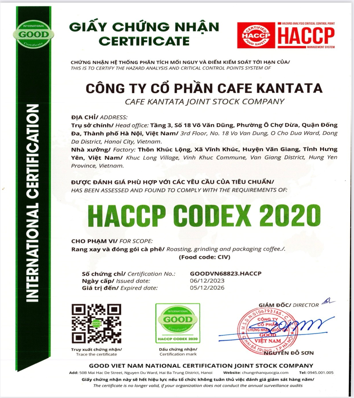 Chứng nhận HACCP CODEX 2020 - Công Ty Cổ Phần Cafe Kantata