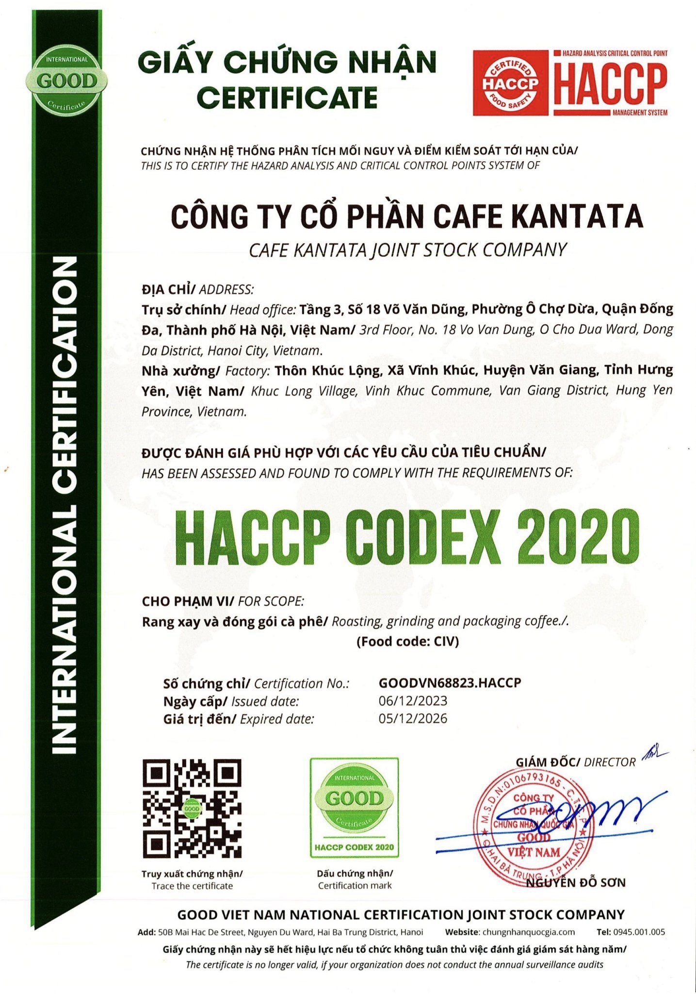 Chứng nhận HACCP - Công Ty Cổ Phần Cafe Kantata
