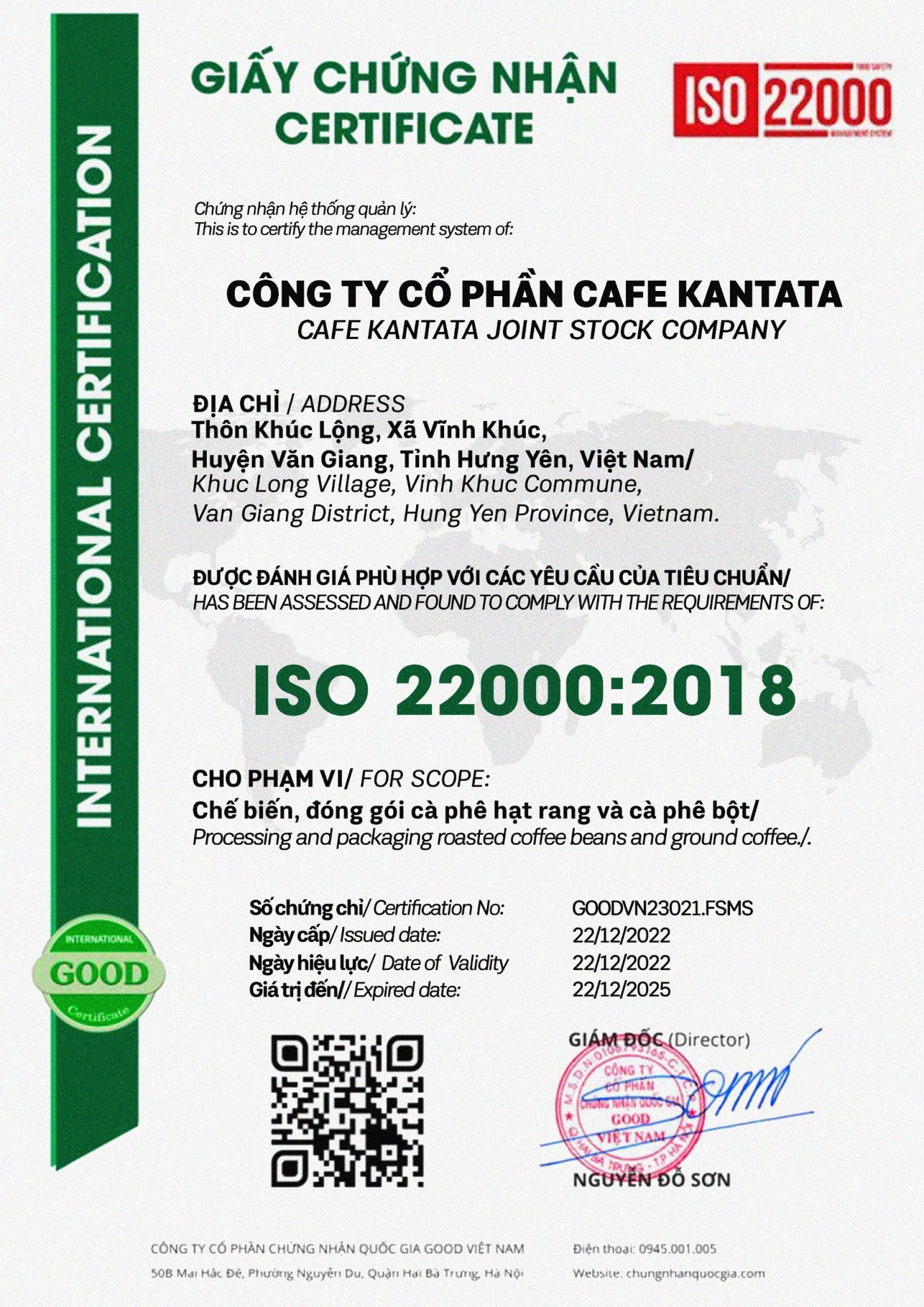Chứng nhận ISO 22000:2018 - Công Ty Cổ Phần Cafe Kantata