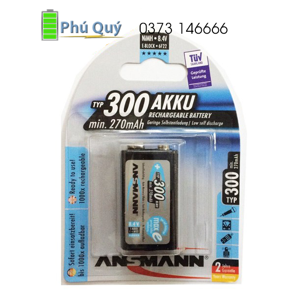 Pin sạc 9v Ansmann TYP 300 AKKU Chính Hãng