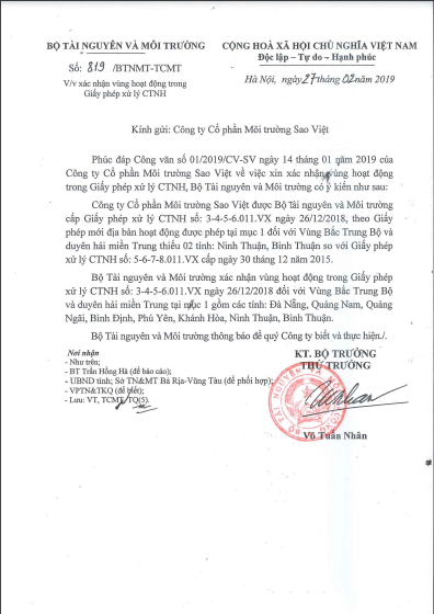 Phụ lục GPXL Chất Thải 2019 - Môi Trường Sao Việt - Công Ty CP Môi Trường Sao Việt