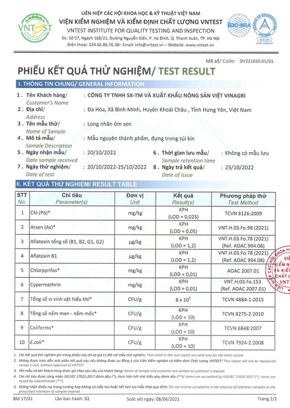 Phiếu kết quả thủ nghiệm