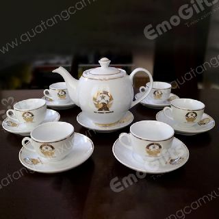 Bộ bình trà sứ trắng viền vàng cao