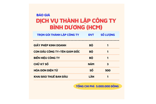 Bảng giá dịch vụ mở công ty tại Bình Dương