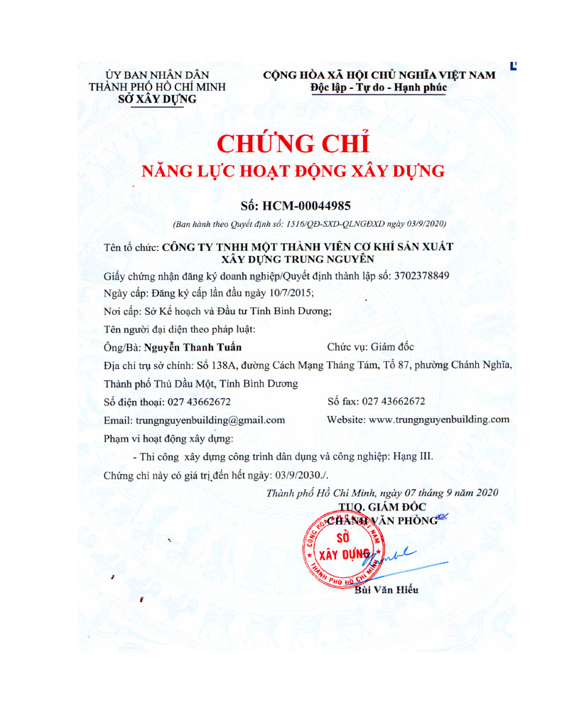 Chứng chỉ năng lực hoạt động xây dựng - Công Ty TNHH MTV Cơ Khí Sản Xuất Xây Dựng Trung Nguyên