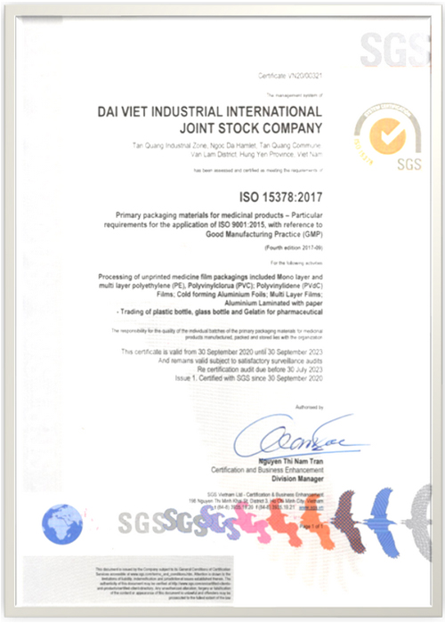 Chứng nhận ISO 15378:2017