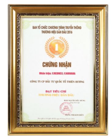 Giấy chứng nhận Thương hiệu dẫn đầu 2016 - Thiên Hương Shoes - Công Ty Cổ Phần Đầu Tư Quốc Tế Thiên Hương