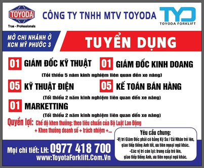 CTY xe nâng tuyển dụng - Chi Nhánh - Công Ty TNHH Một Thành Viên TOYODA