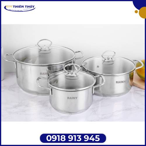 Bộ 3 nồi inox 3 đáy Rainy quai đũa nắp kính