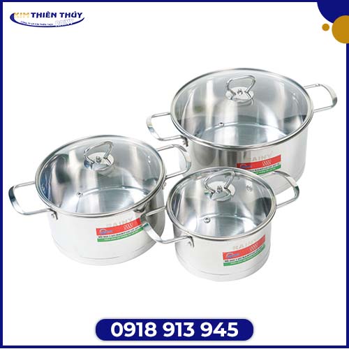 Bộ 3 nồi inox 3 đáy thân đứng Rainy nắp kính