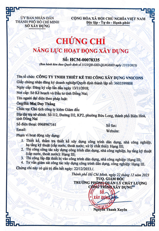 Chứng chỉ năng lực hoạt động xây dựng - Xây Dựng VNICONS - Công Ty TNHH Thiết Kế Thi Công Xây Dựng VNICONS
