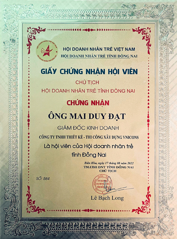 Giấy chứng nhận hội viên - Xây Dựng VNICONS - Công Ty TNHH Thiết Kế Thi Công Xây Dựng VNICONS