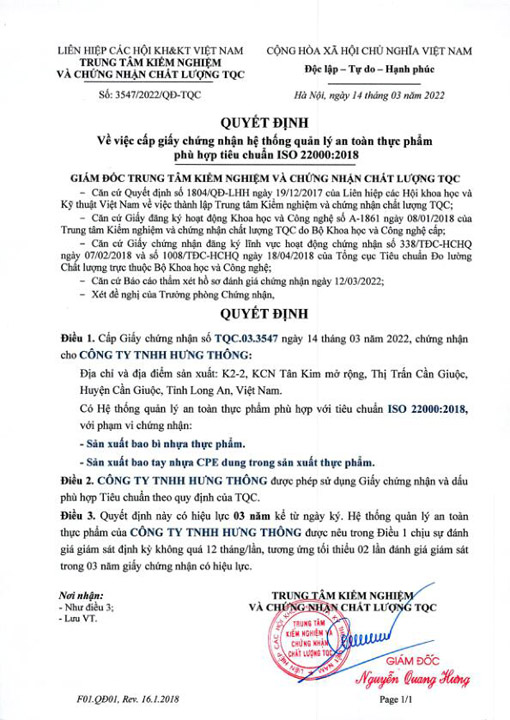 Chứng nhận - Hưng Thông - Công Ty TNHH Hưng Thông