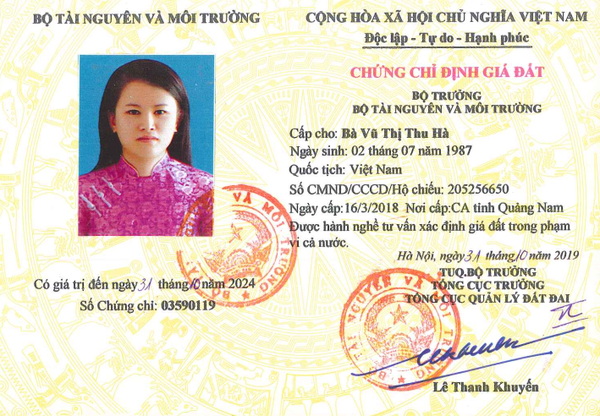 Chứng chỉ định giá đất - Thẩm Định Giá Quảng Nam - Công Ty CP Thẩm Định Giá Quảng Nam