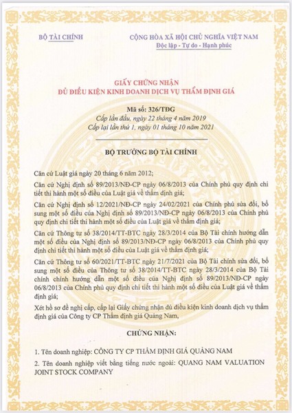 Giấy chứng nhận đủ điều kiện kinh doanh dịch vụ thẩm định giá - Thẩm Định Giá Quảng Nam - Công Ty CP Thẩm Định Giá Quảng Nam