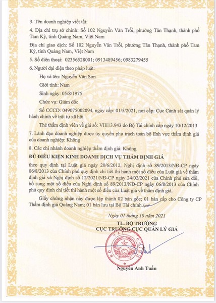 Giấy chứng nhận đủ điều kiện kinh doanh dịch vụ thẩm định giá - Thẩm Định Giá Quảng Nam - Công Ty CP Thẩm Định Giá Quảng Nam