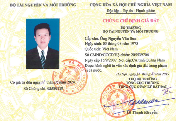 Chứng chỉ định giá đất - Thẩm Định Giá Quảng Nam - Công Ty CP Thẩm Định Giá Quảng Nam