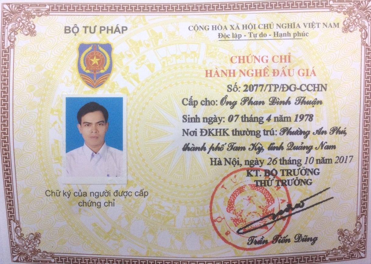 Chứng chỉ hành nghề đấu giá Phan Đình Thuận - Thẩm Định Giá Quảng Nam - Công Ty CP Thẩm Định Giá Quảng Nam