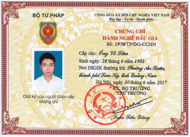 Chứng chỉ hành nghề đấu giá Võ Tâm - Thẩm Định Giá Quảng Nam - Công Ty CP Thẩm Định Giá Quảng Nam