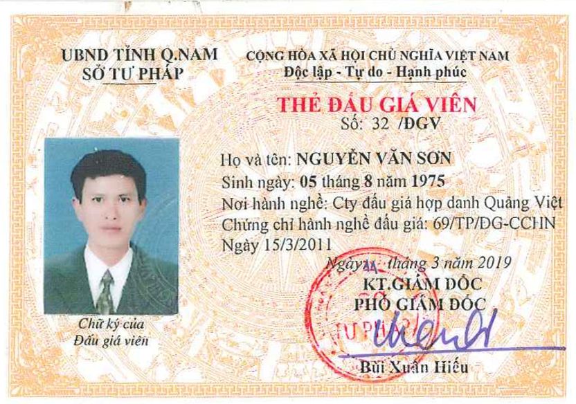 Thẻ đấu giá viên Nguyễn Văn Sơn - Thẩm Định Giá Quảng Nam - Công Ty CP Thẩm Định Giá Quảng Nam