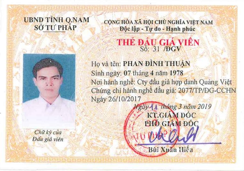 Thẻ đấu giá viên Phan Đình Thuận - Thẩm Định Giá Quảng Nam - Công Ty CP Thẩm Định Giá Quảng Nam