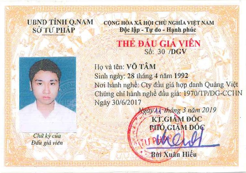 Thẻ đấu giá viên Võ Tâm - Thẩm Định Giá Quảng Nam - Công Ty CP Thẩm Định Giá Quảng Nam