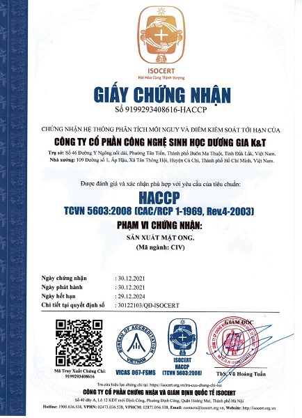 Chứng nhận HACCP - Mật Ong Lượng Tử - Công Ty Cổ Phần Công Nghệ Sinh Học Dương Gia K&T