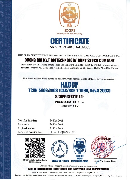 Chứng nhận HACCP - Mật Ong Lượng Tử - Công Ty Cổ Phần Công Nghệ Sinh Học Dương Gia K&T