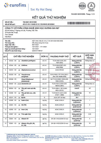 Kết quả kiểm nghiệm từ Eurofins - Mật Ong Lượng Tử - Công Ty Cổ Phần Công Nghệ Sinh Học Dương Gia K&T
