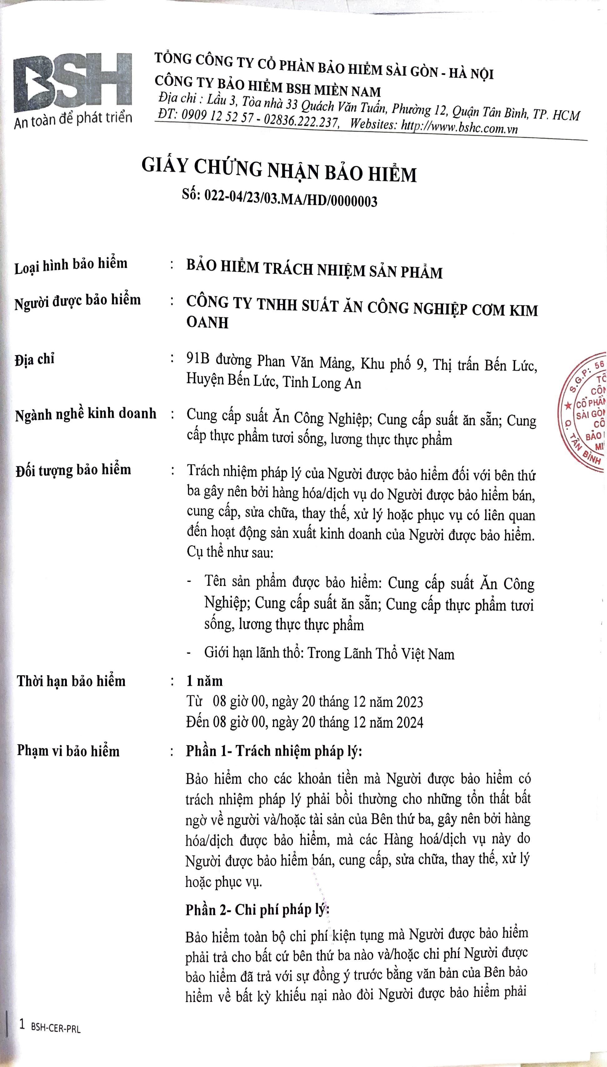 Bảo hiểm suất ăn - Suất Ăn Công Nghiệp Cơm Kim Oanh - Công Ty TNHH Suất Ăn Công Nghiệp Cơm Kim Oanh