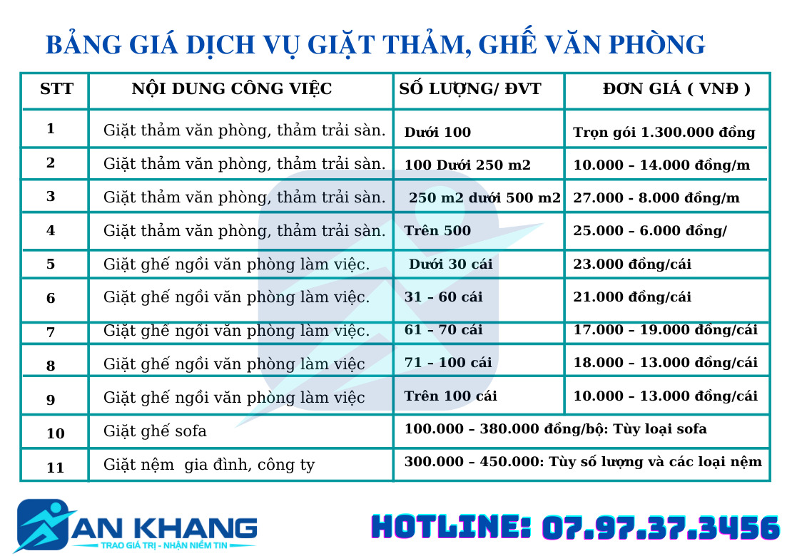 Bảng giá giặt thảm, giặt ghế Sofa - Vệ Sinh Công Nghiệp An Khang - Công Ty Cổ Phần Tập Đoàn Vệ Sinh Chuyên Nghiệp An Khang