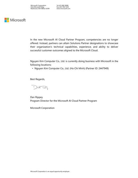 Thư xác nhận năng lực đối tác chương trình Microsoft AI - Thiết Bị Mạng, Thiết Bị Văn Phòng Nguyên Kim - Công Ty TNHH Vi Tính Nguyên Kim