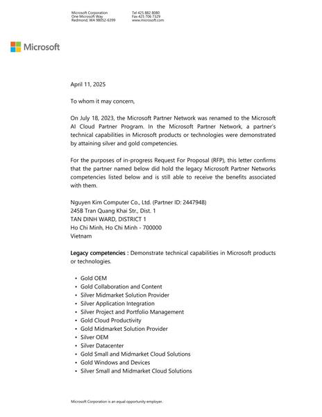 Thư xác nhận năng lực đối tác chương trình Microsoft AI - Thiết Bị Mạng, Thiết Bị Văn Phòng Nguyên Kim - Công Ty TNHH Vi Tính Nguyên Kim