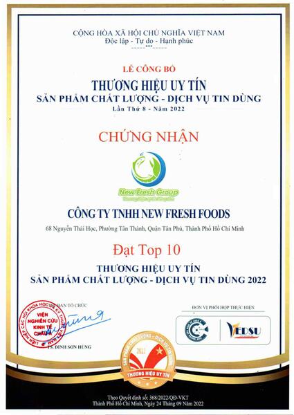 NFF - Chứng Nhận TOP 10 Thương Hiệu Uy Tín - Thực Phẩm Nhập Khẩu New Fresh Foods - Công Ty TNHH New Fresh Foods