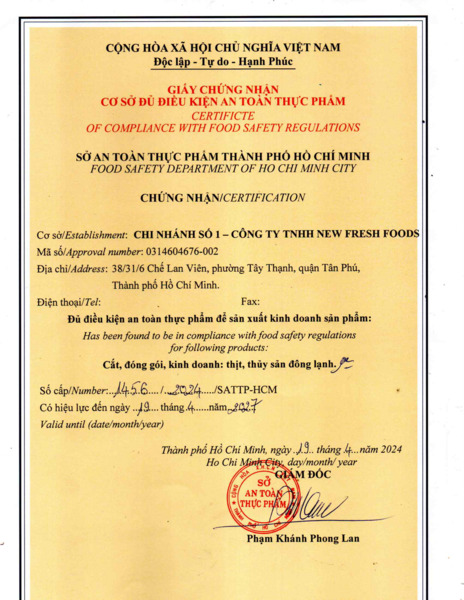 GĐĐK ATTVSTP - Thực Phẩm Nhập Khẩu New Fresh Foods - Công Ty TNHH New Fresh Foods