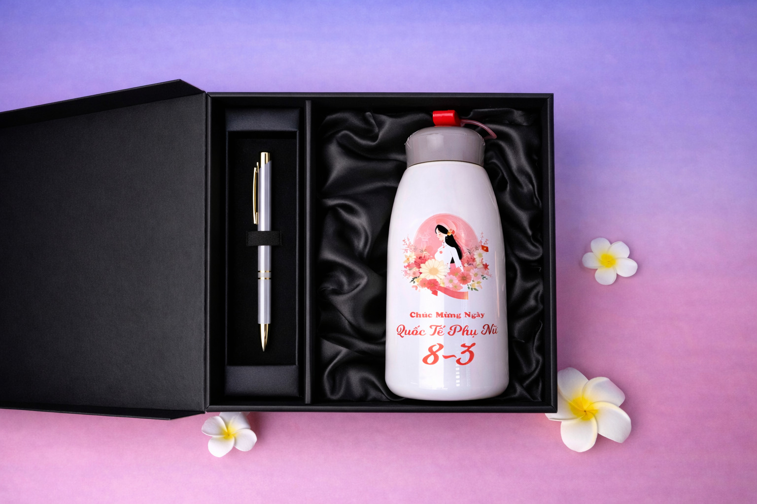 Combo bình giữ nhiệt và viết in logo doanh nghiệp