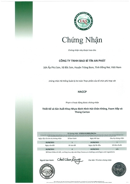 Chứng nhận HACCP - Khay Nhựa Định Hình Tín An Phát - Công Ty TNHH Bao Bì Tín An Phát