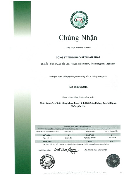 Chứng nhận ISO 14001:2015 - Khay Nhựa Định Hình Tín An Phát - Công Ty TNHH Bao Bì Tín An Phát