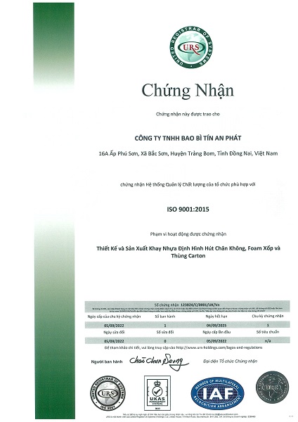 Chứng nhận ISO 9001:2015 - Khay Nhựa Định Hình Tín An Phát - Công Ty TNHH Bao Bì Tín An Phát