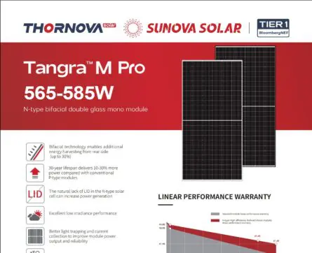 Tấm pin Ntype Thornova Sunova 580wp 2 mặt kính - Quỳnh An Solar - Công Ty TNHH Xây Dựng Và Công Nghệ Quỳnh An