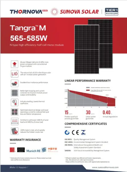 Tấm pin Ntype Thornova Sunova 585wp - Quỳnh An Solar - Công Ty TNHH Xây Dựng Và Công Nghệ Quỳnh An