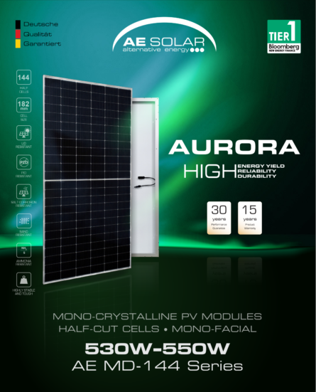 Tấm pin mặt trời 550w AE mono công nghệ 2023 Aurora - Quỳnh An Solar - Công Ty TNHH Xây Dựng Và Công Nghệ Quỳnh An