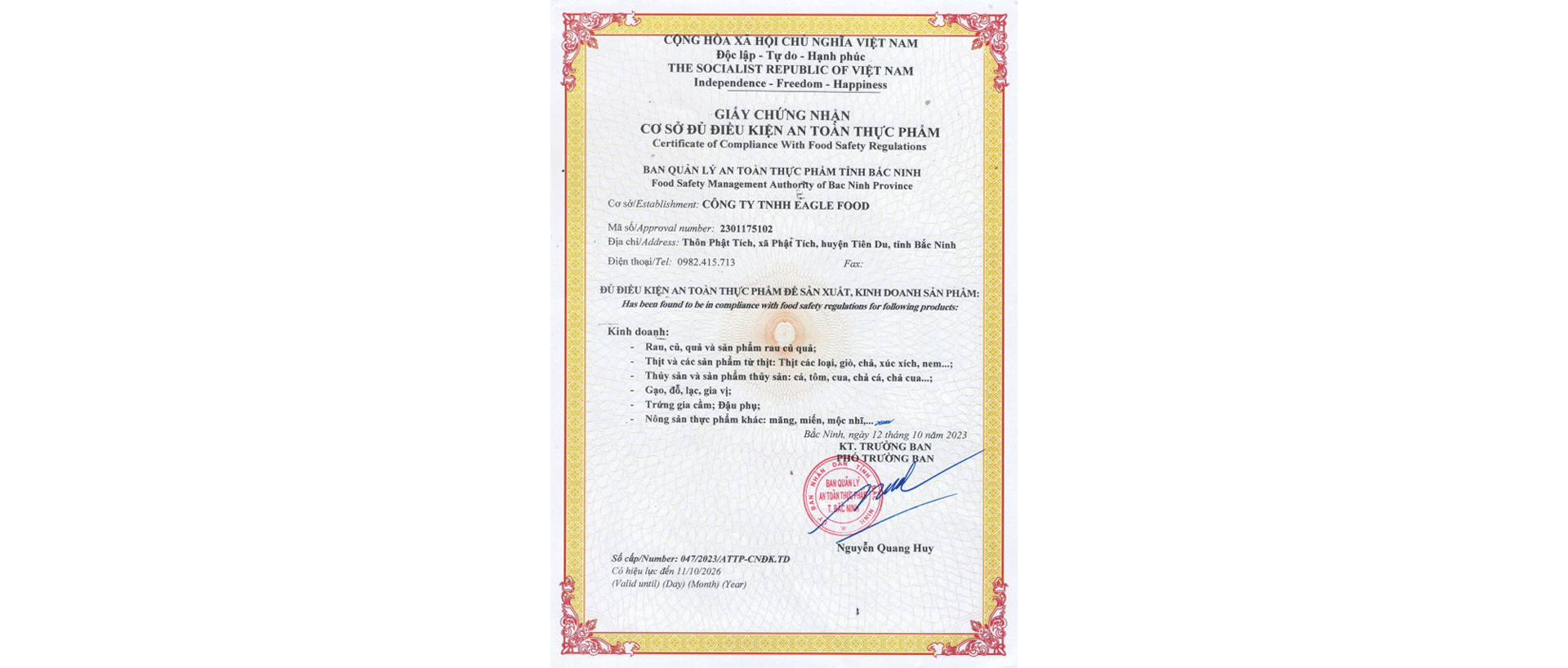 Chứng nhận vệ sinh an toàn thực phẩm