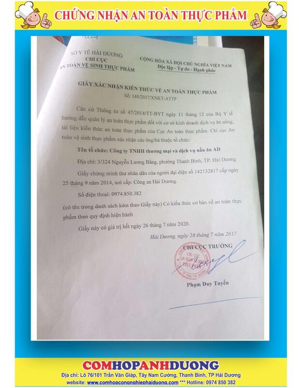 Chứng nhận an toàn thực phẩm - Suất Ăn Công Nghiệp AD - Công Ty TNHH Thương Mại Và Dịch Vụ Nấu Ăn AD