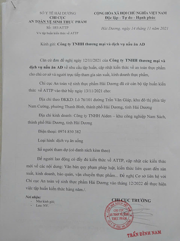 Chứng nhận an toàn thực phẩm - Suất Ăn Công Nghiệp AD - Công Ty TNHH Thương Mại Và Dịch Vụ Nấu Ăn AD