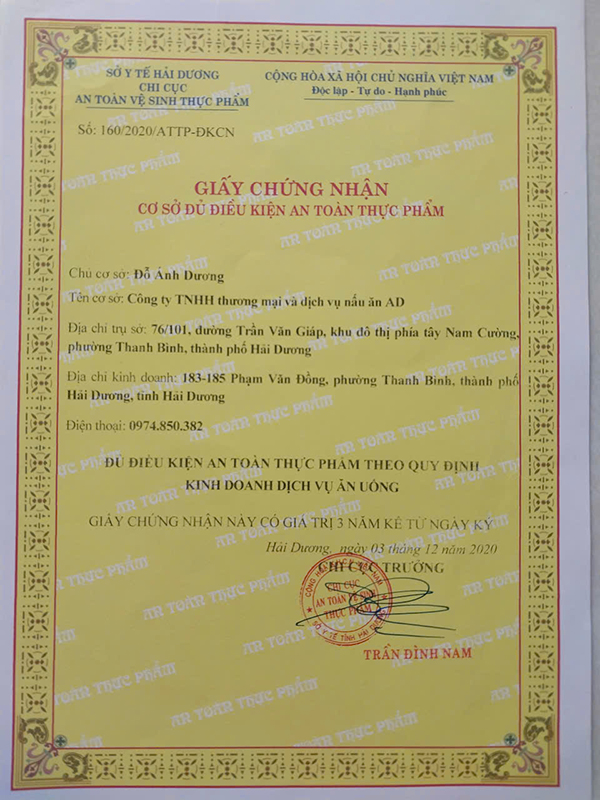 Chứng nhận an toàn thực phẩm - Suất Ăn Công Nghiệp AD - Công Ty TNHH Thương Mại Và Dịch Vụ Nấu Ăn AD