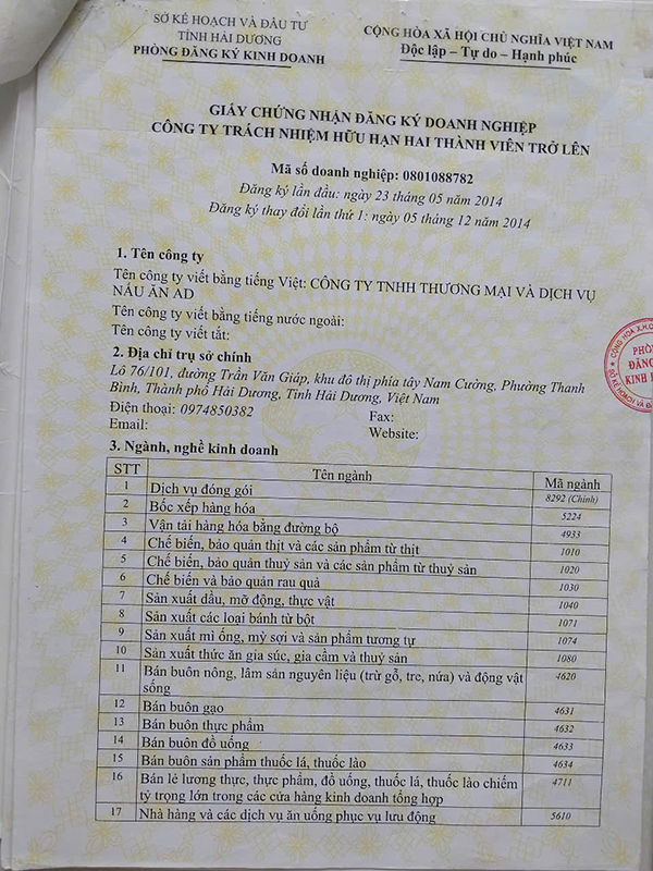 Chứng nhận đăng ký doanh nghiệp - Suất Ăn Công Nghiệp AD - Công Ty TNHH Thương Mại Và Dịch Vụ Nấu Ăn AD